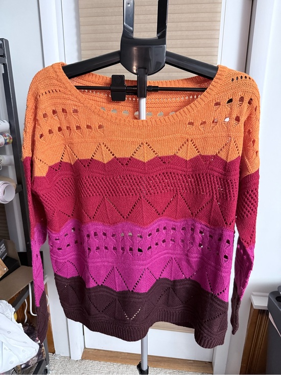 ACG Sweaters - Open-Knit Colorblock Crewneck Sweater in Orange, Pink, Red & Brown Cottagecore